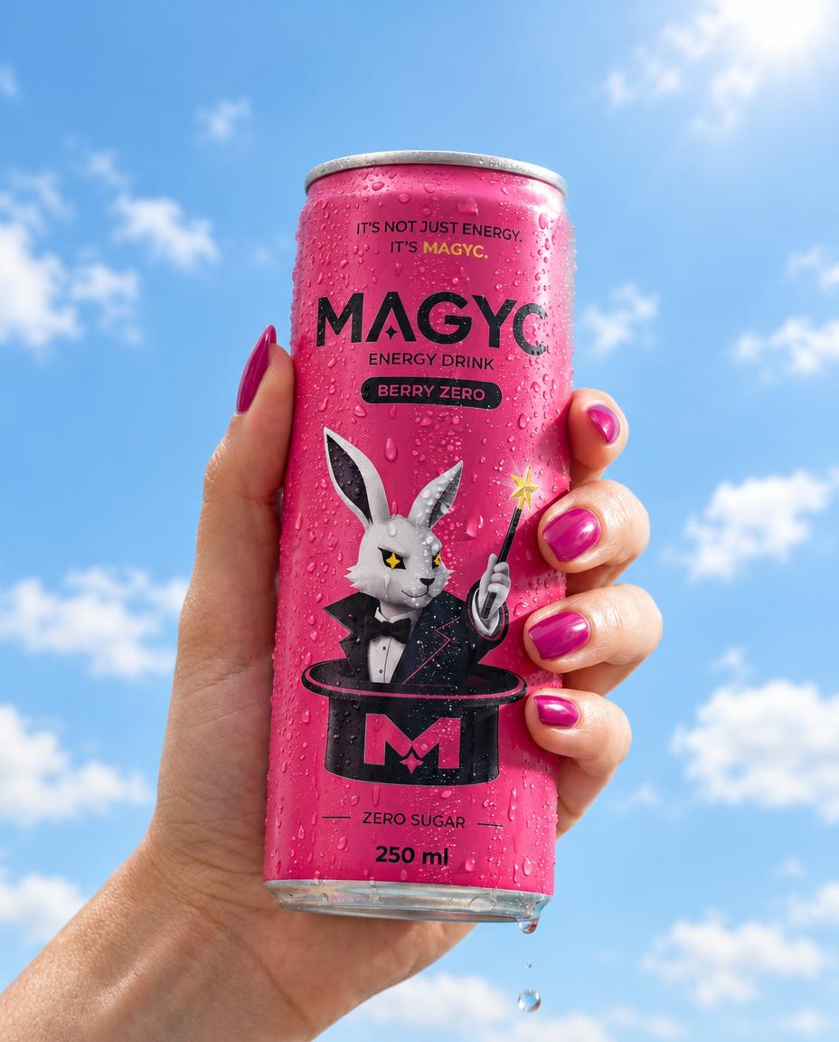 Hand hält MAGYC Energy Berry Zero in den Himmel
