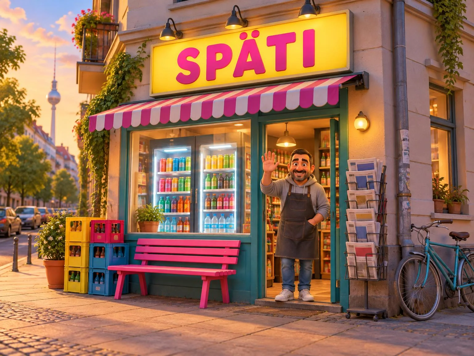 Cartoon-Späti an einer Berliner Straßenecke, der Besitzer winkt aus der Tür